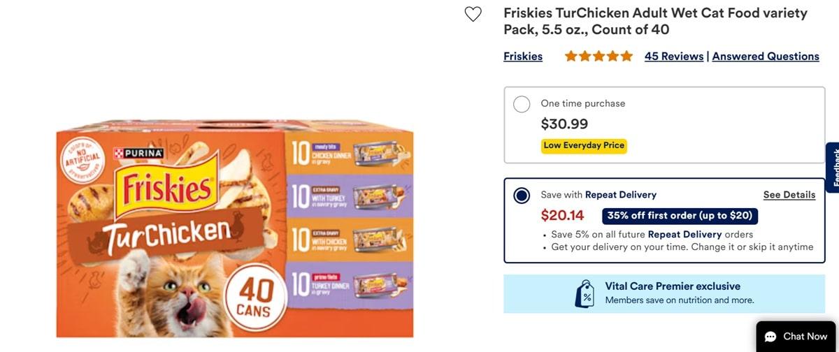 Petco subscription upselling offer showing 35% off first order and 5% off future orders for repeat delivery, demonstrating subscription model benefits